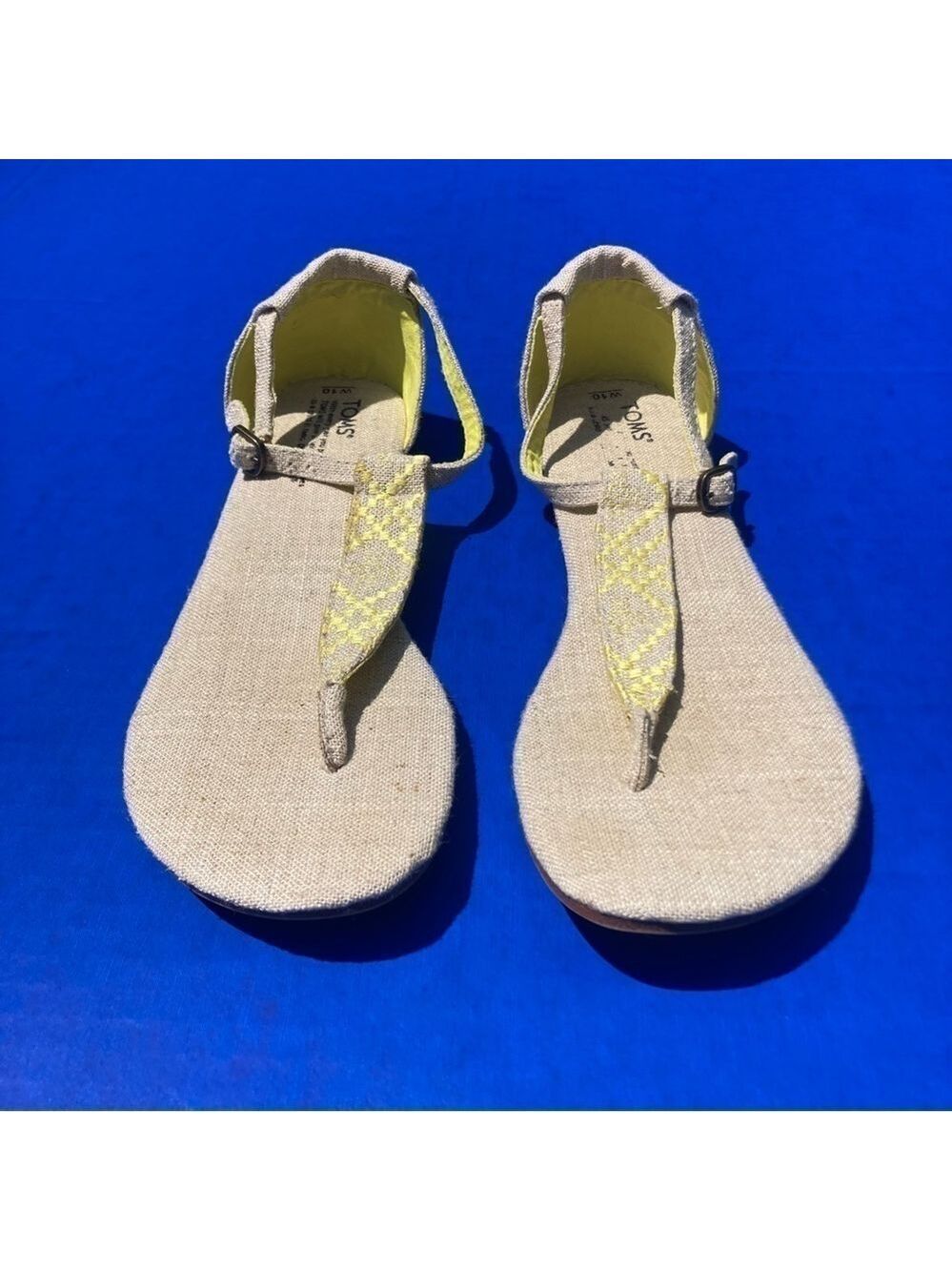 Toms yellow patterned thong sandals, size 10W